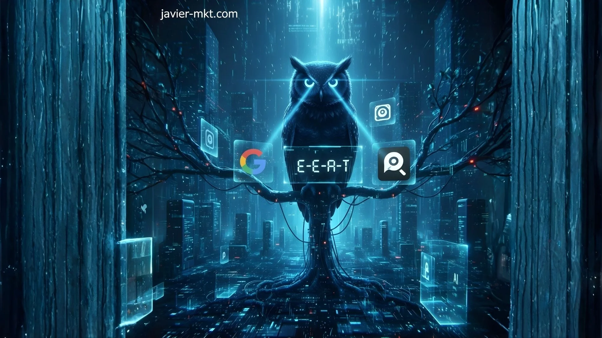 Visualización de datos y tecnología en tonos azulados, representando búsqueda, SEO e inteligencia artificial